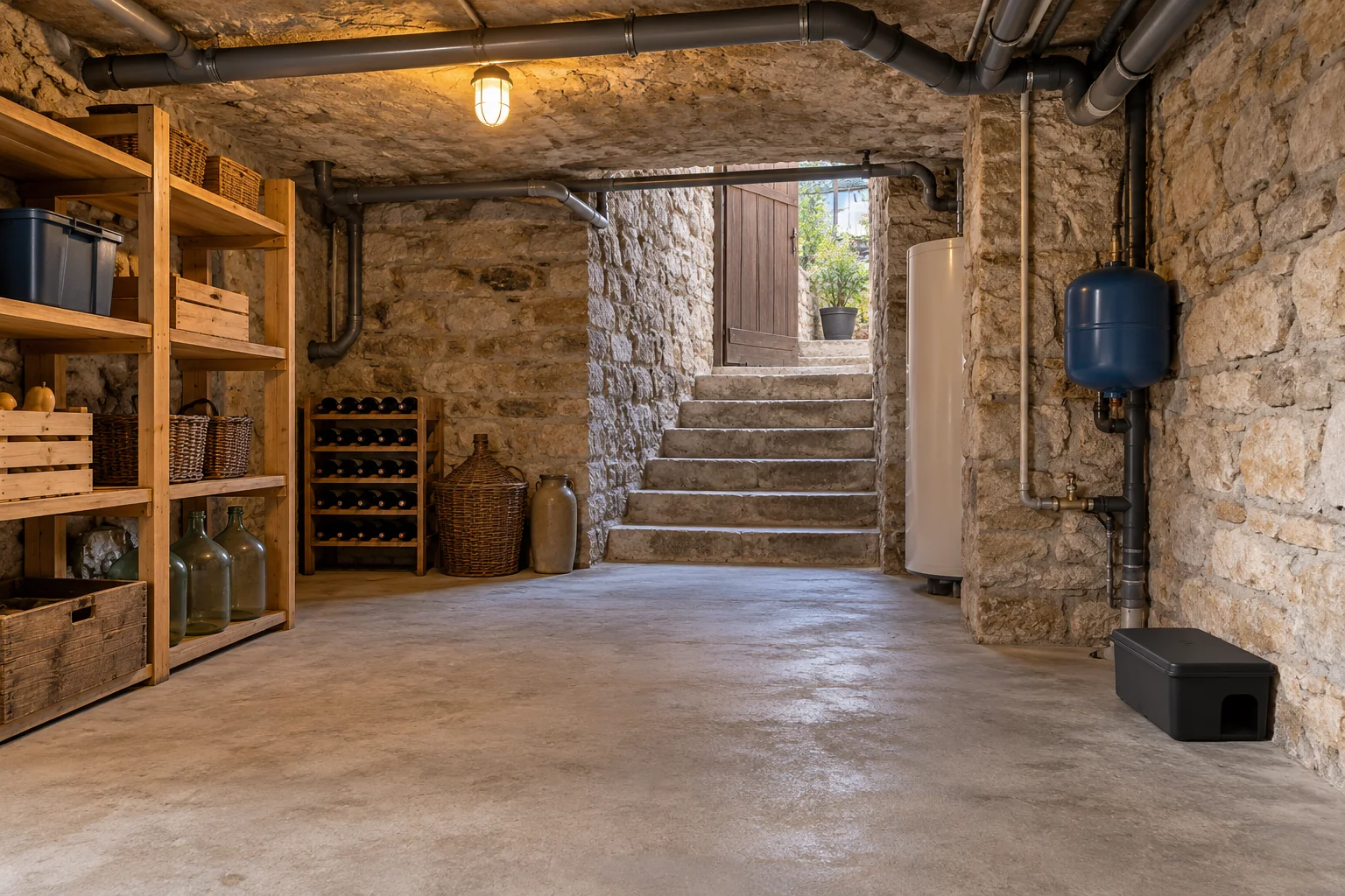 Cave de maison vide avec murs en pierre, escalier et étagères de rangement