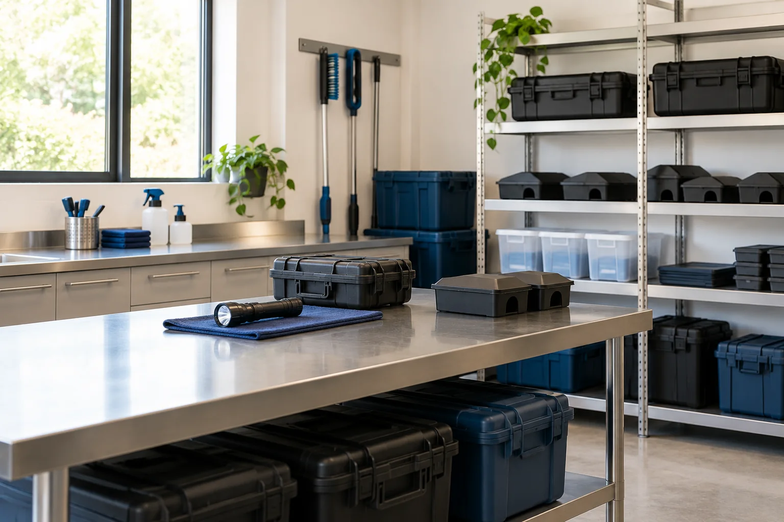 Table en inox, rayonnage métallique et matériel d'intervention rangé dans une pièce lumineuse