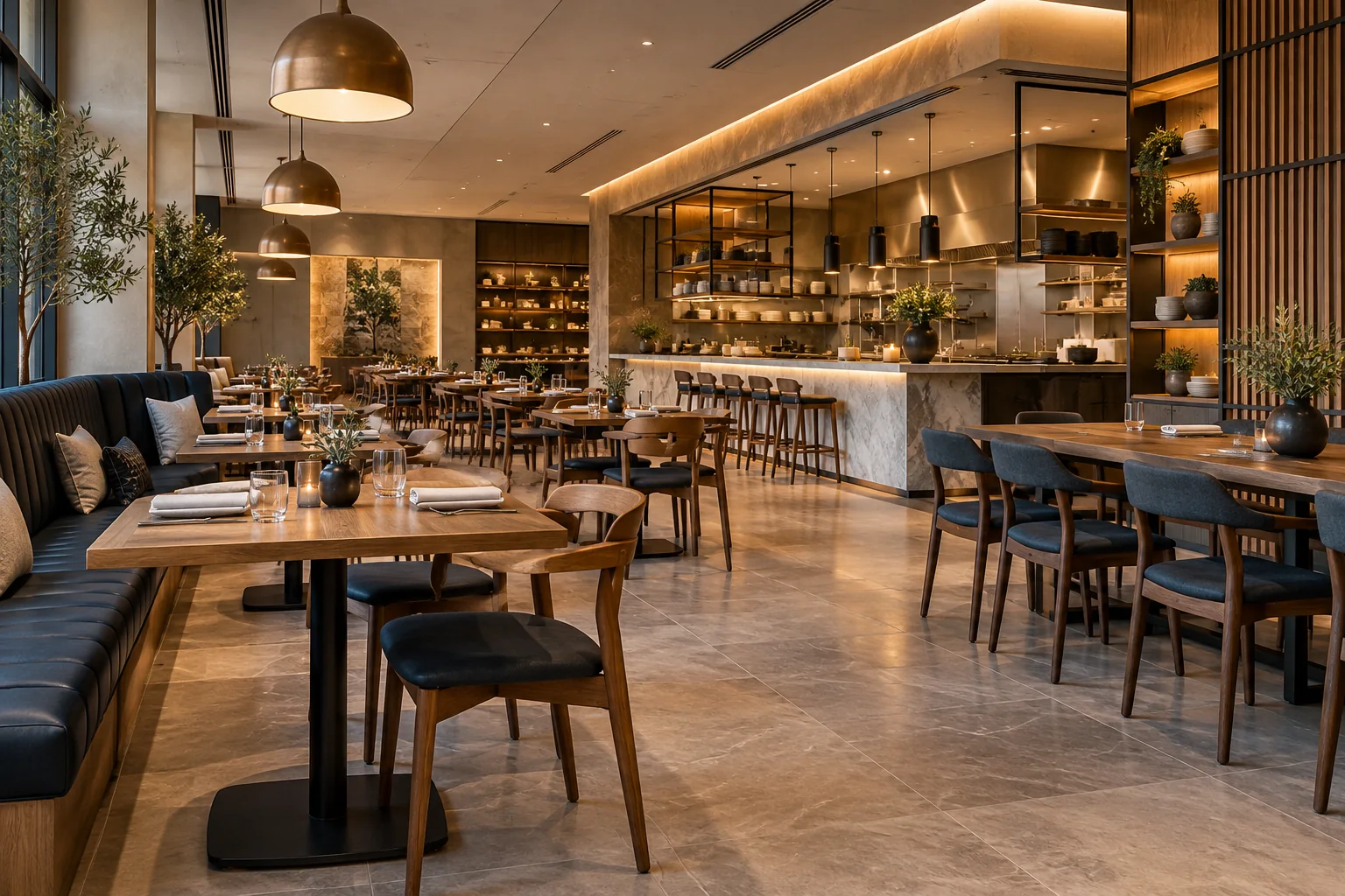 Restaurant vide avec tables dressées, chaises et comptoir