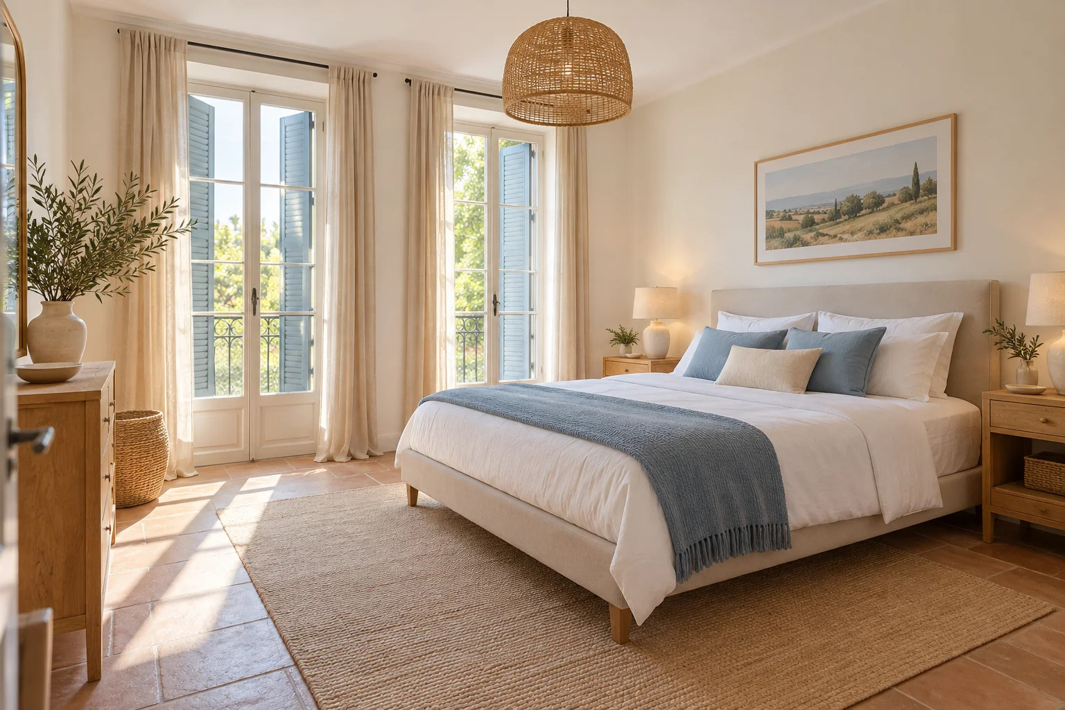 Chambre vide avec lit, mobilier en bois et fenêtres lumineuses