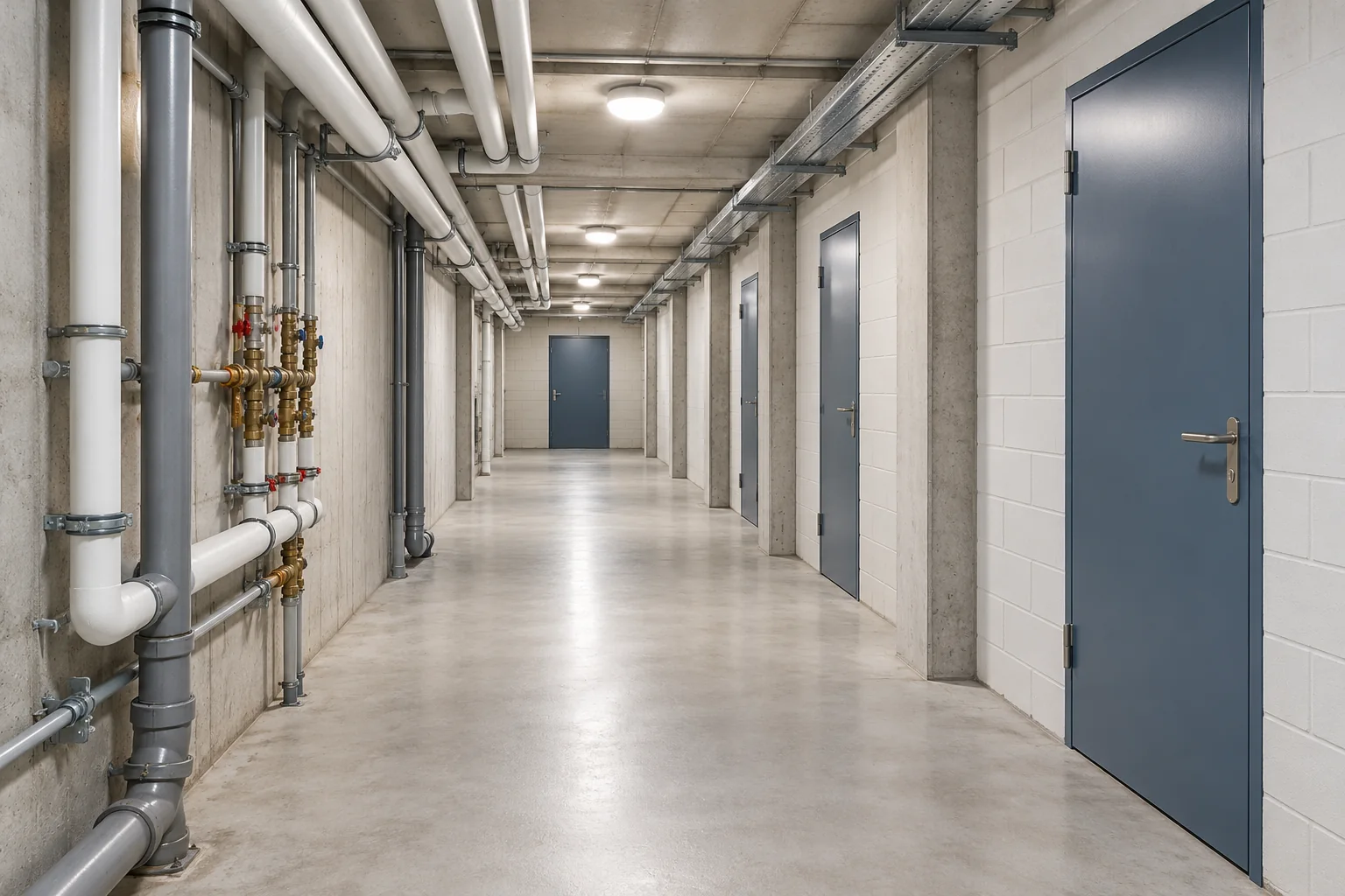 Couloir commun d'immeuble vide avec portes et réseaux techniques